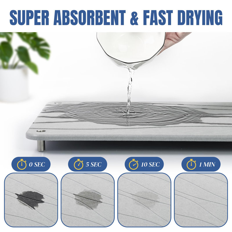 Light Grey Diatomaceous Stone Dish Drying Mat with Stainless Steel Feet