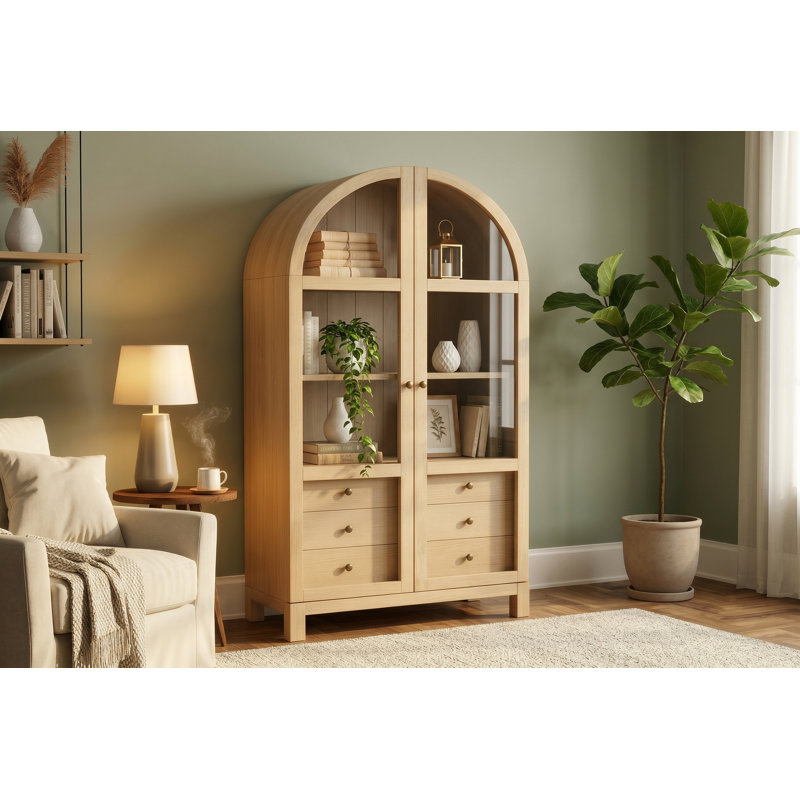 Armoire vitrée en bois de pin brésilien massif de 75 pouces, huche de ferme moderne et buffet avec portes en verre pour le rangement de la salle à manger et du salon