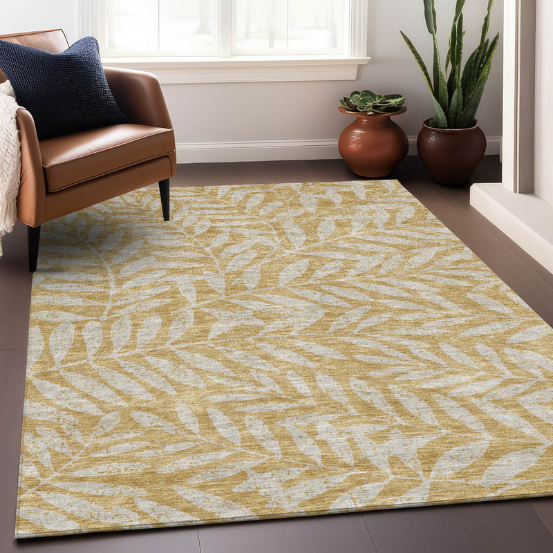 Premium Machine Washable Prisco Gold Rug, Rectangle 2'6" x 3'10"