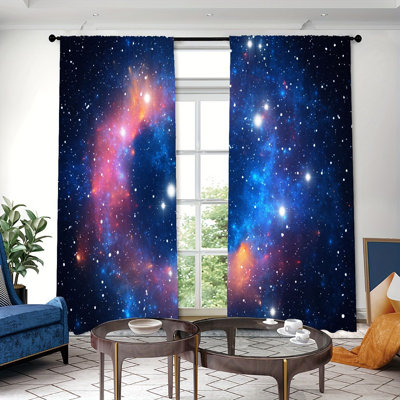 2 Pieces Galaxy Nebula Cosmic Space Pattern Light Filtering Curtain with Black Gold Moon Starry Sky, Spring Refresh Decor, Easy Hang Rod Pocket Design, All-Season Curtains for Home Living Room Bedroom Study Cabinet Decoration