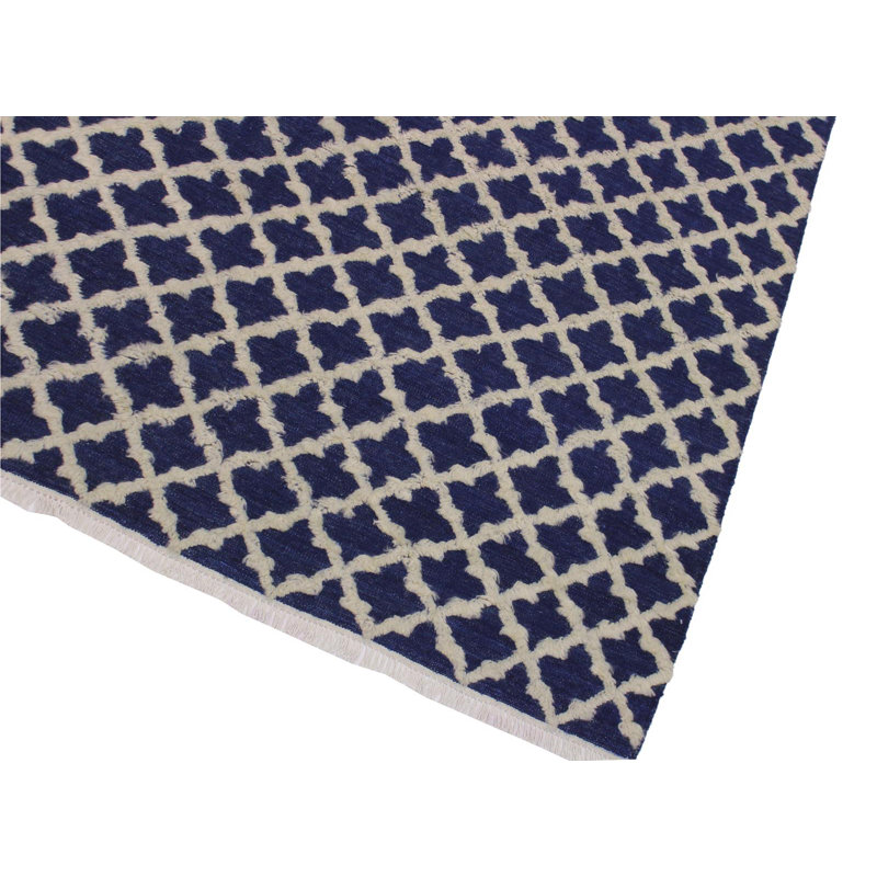Tapis géométrique bleu / ivoire en laine noué à la main 8 pi x 10 pi 1 po Madgalene, Rectangle 9 pi 6 po x 11 pi 1 po