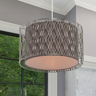 Luminaire suspendu en métal argenté 14 "avec abat-jour en tissu