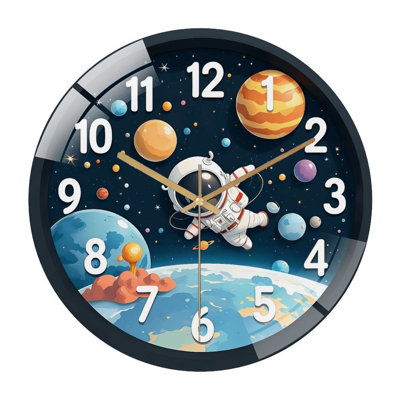 Vintage Cartoon Space Astronaut & Colorful Planet Wall Clock, Tempered Glass Silent Sweep Quartz Clock, Galaxy Universe Decorative Clock for Kids Bedroom Nursery Living Room