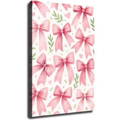 Watercolor Pink Bows And Tiny Hearts Seamless Pattern, Soft Pastel Decor Canvas Wall Art