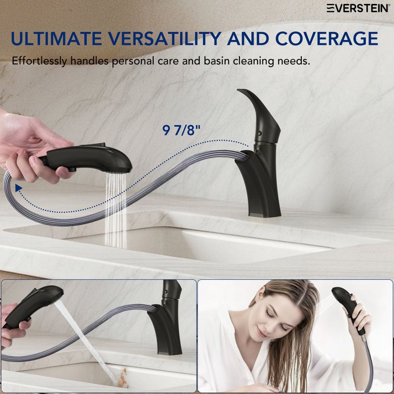 Single Hole Pull-Out Bathroom Faucet, 2-Function Sprayer Bathroom Sink Faucet with Drain Assembly, Matte Black