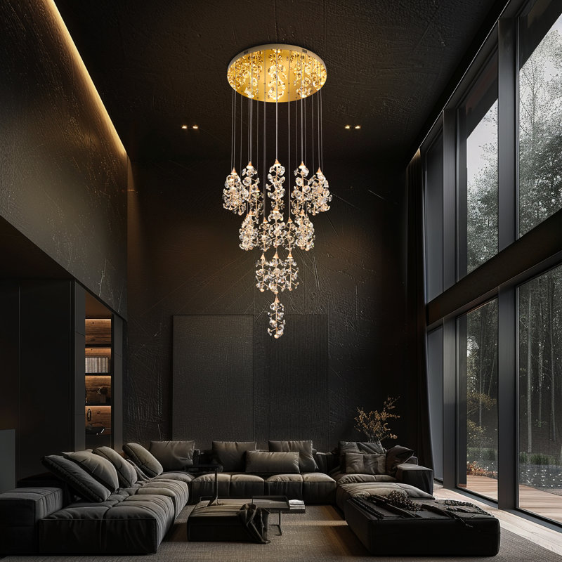 Lustre en cristal de luxe moderne - 23 lumières à DEL à intensité variable, hauteur réglable, Doré