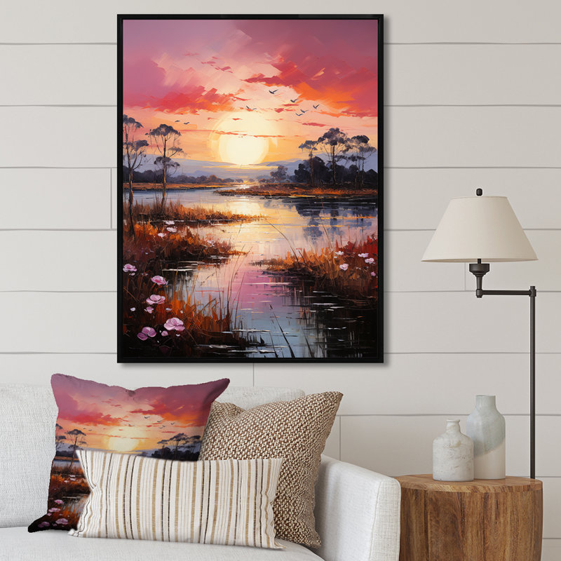 «Lakeside Sunrise Tranquility I», reproduction sur toile, Cadre flottant noir, H 20 po x l 12 po x P 1 po