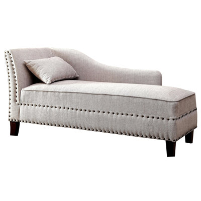 Contemporary 1pc Beige Linen - Like Fabric Chaise Bench With Nailhead Trim And Pillow, Dark Cherry Rubberwood Frame, For Primary Living Area Transitional Style Pillow Decor, Wood Bedroom Or Sitting