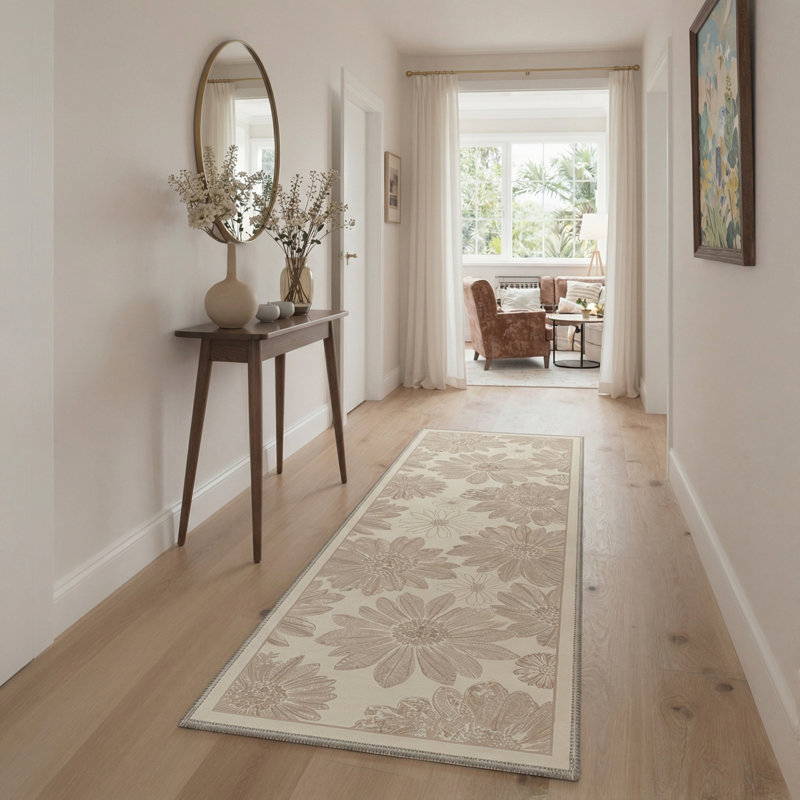 Veridia Floral Machine Washable Beige Indoor Area Rug with Non-Slip Backing, Runner 2' x 7'