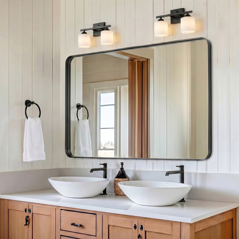 Luminaire de meuble-lavabo 2 lumières avec abat-jour en verre opale, Noir mat, 2