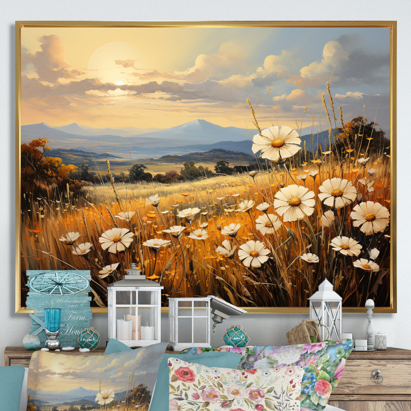 Magnifique champ de fleurs chaudes sur toile, Cadre flottant doré, H 34 po x l 44 po x P 1,5 po