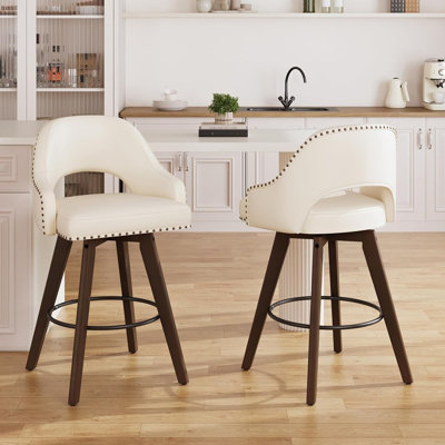 Set Of 2 Modern Swivel PU Leather Counter Bar Stools With Solid Wood Legs, White