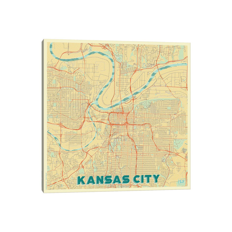 Kansas City Retro Urban Blueprint Map by Hubert Roguski - Wrapped Canvas Gallery-Wrapped Canvas Giclée