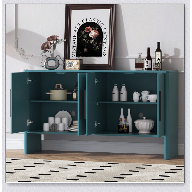 Buffet avec rangement, buffet rétro avec tablettes réglables et longues poignées, Bleu antique