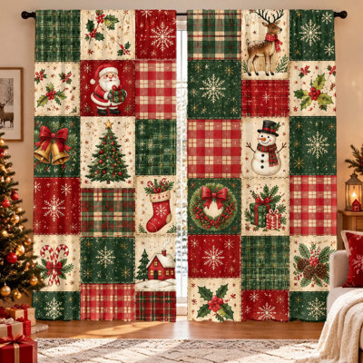 Lot de 2 rideaux en patchwork de Noël, motif vintage du père Noël, bonhomme de neige, renne et sapin, tissu filtrant la lumière, protection de l'intimité, conception à œillets, lavables à la machine, pour la décoration du salon, de la chambre et de la maison, décorations festives de Noël