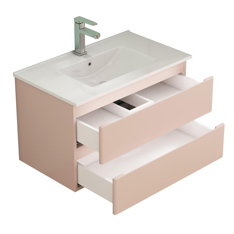 Integrated Ceramic Sink Wall-Mounted Bathroom Vanity, Pink