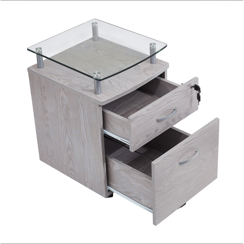 Classeur à roulettes avec plateau en verre, Gris
