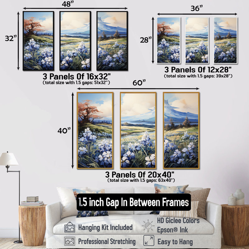 «Blue Bonnets Charm In Mountain Scenery» - ensemble d'art mural sur toile Blue Bonnets, Cadre flottant noir