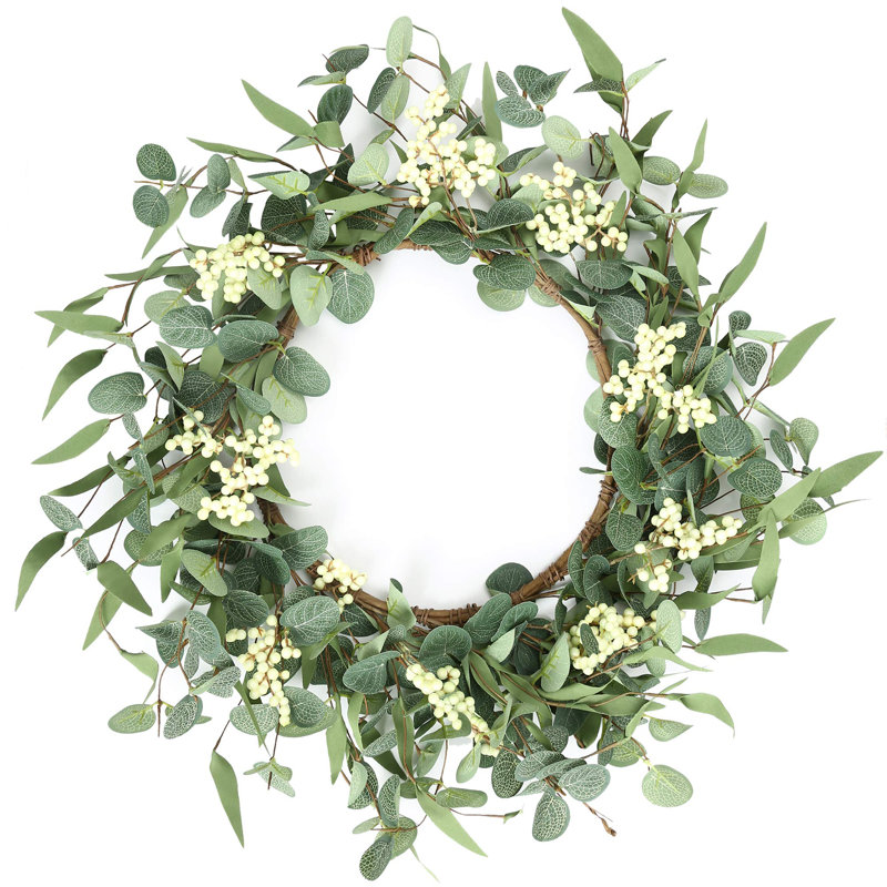 Couronne d'eucalyptus artificiel pour la porte d'entrée, couronne de verdure avec baies blanches, 20"