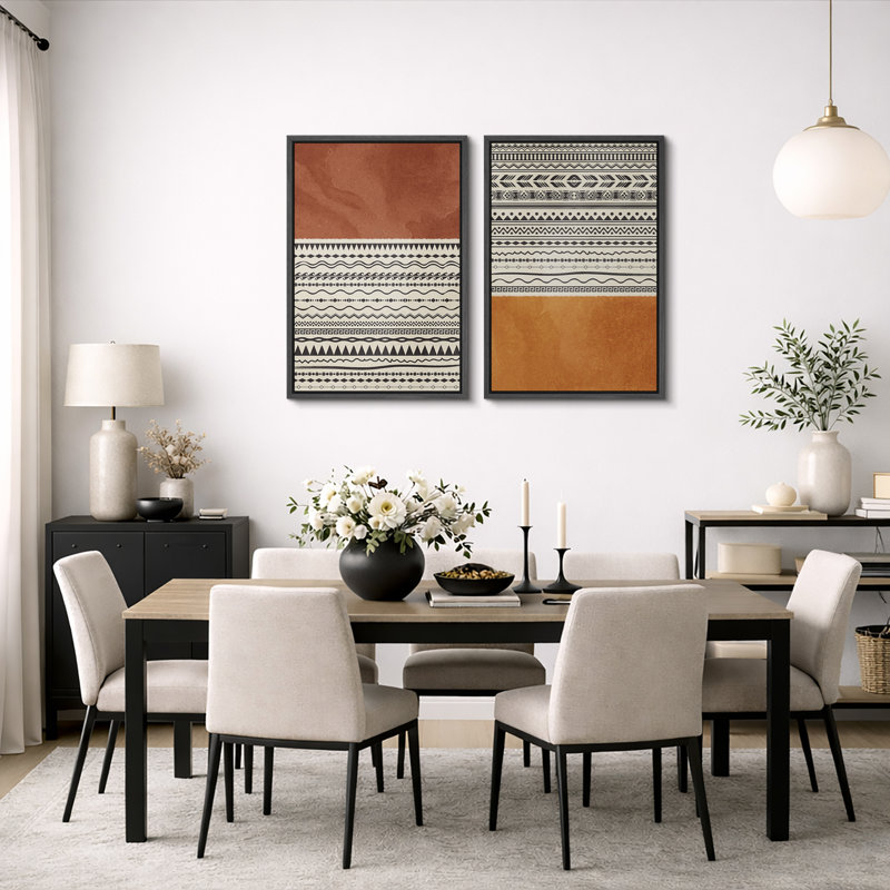«Geometric Line», «Orange brun Tribal Boho Artwork», images murales bohémiennes abstraites, impression sur toile encadrée, 2 pièces