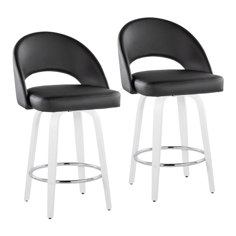 Tabouret de comptoir à hauteur fixe avec pivot en bois blanc et similicuir noir avec repose-pieds rond chromé - 2 pièces