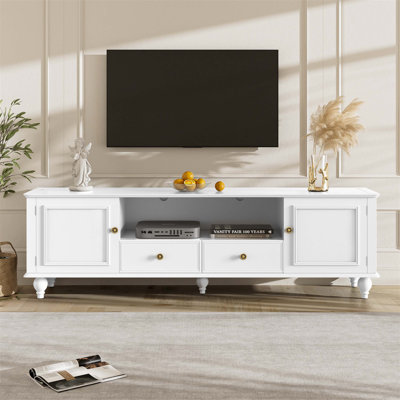 Modern TV Stand for TVs with Ample Storage, Entertainment Center with Drawers, Cabinets and Open Compartment for Living Room