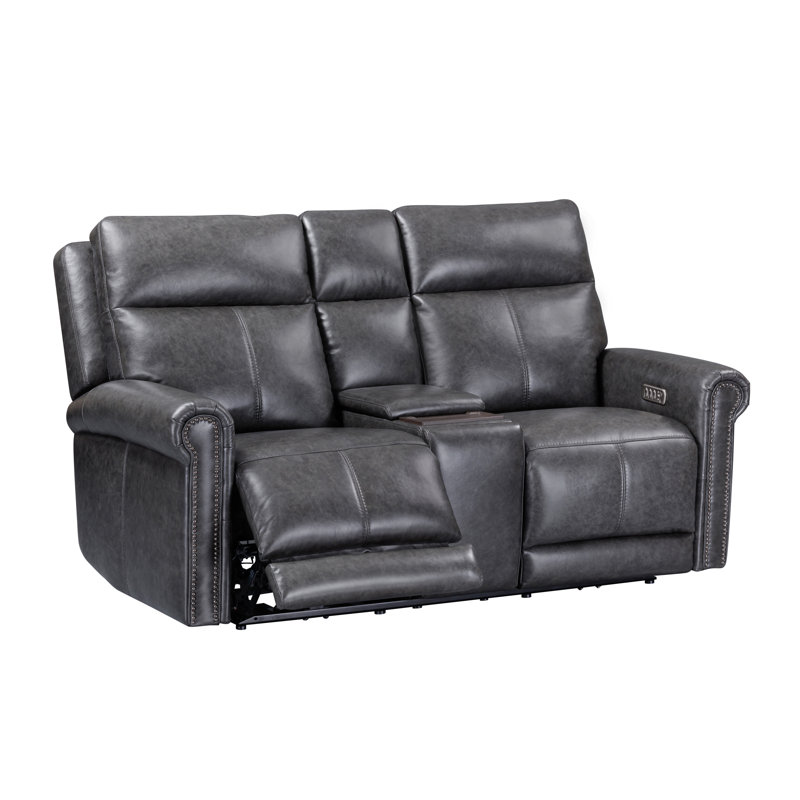 Causeuse inclinable avec console Sterling, appuis-tête électriques et soutien lombaire Sterling Power, Cuir véritable gris