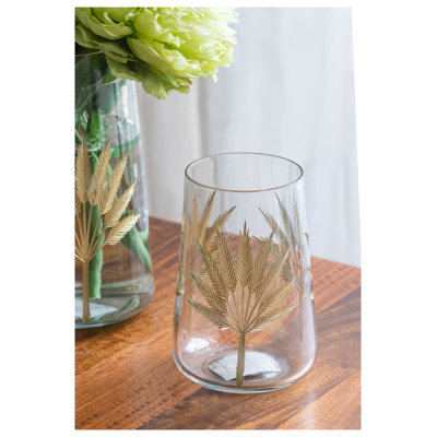 Vase cylindrique décoratif en verre avec motifs feuille d'or, H 6,9 po x P 4,7 po, centre de table décoratif multicolore pour le salon ou le vestibule