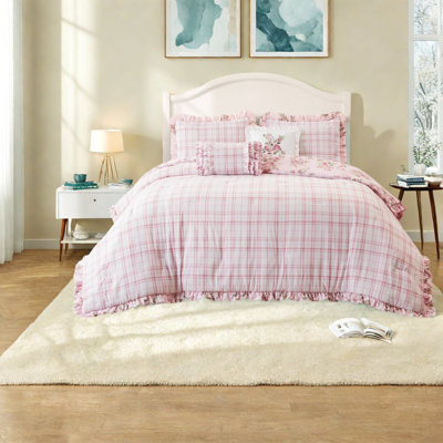 Ensembles de literie à motif floral rose, édredon simple / simple en microfibre avec bordure à volants