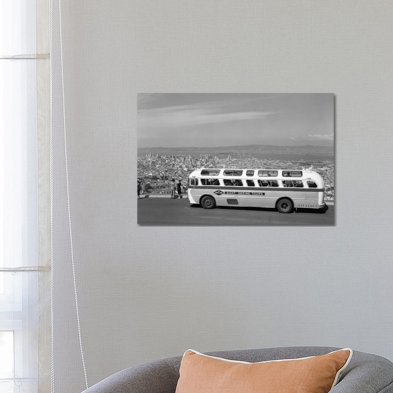 1950s Sightseeing Tour Bus Parked At Twin Peaks For View Of San Francisco And Bay Area California USA - Wrapped Canvas Print