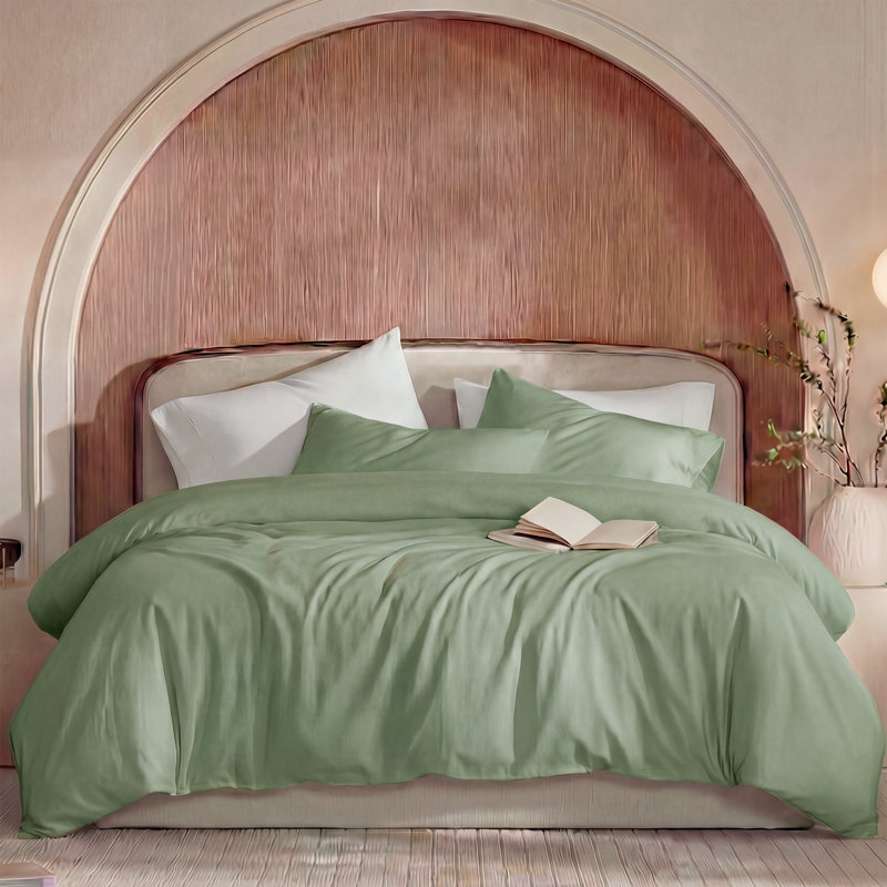 100% Washed Cotton Comforter Set Twin Size – Sage Green, Linen-Like Texture, Soft & Breathable Bedding Set, 3-Piece Durable Percale Comforter