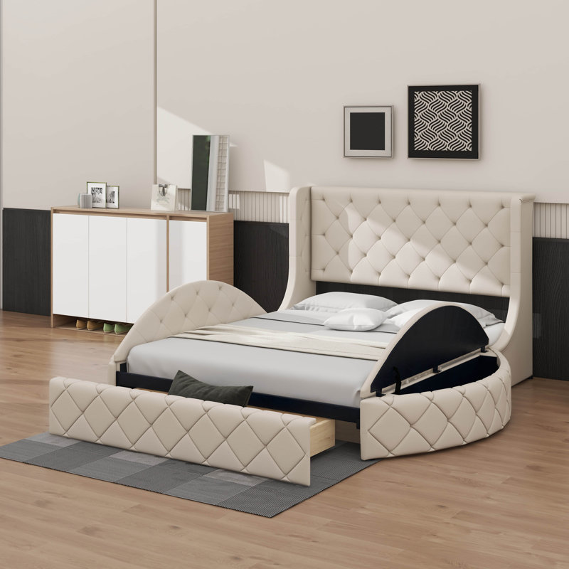 Grand lit plateforme tapissier avec rangement et tête de lit à oreilles, Beige