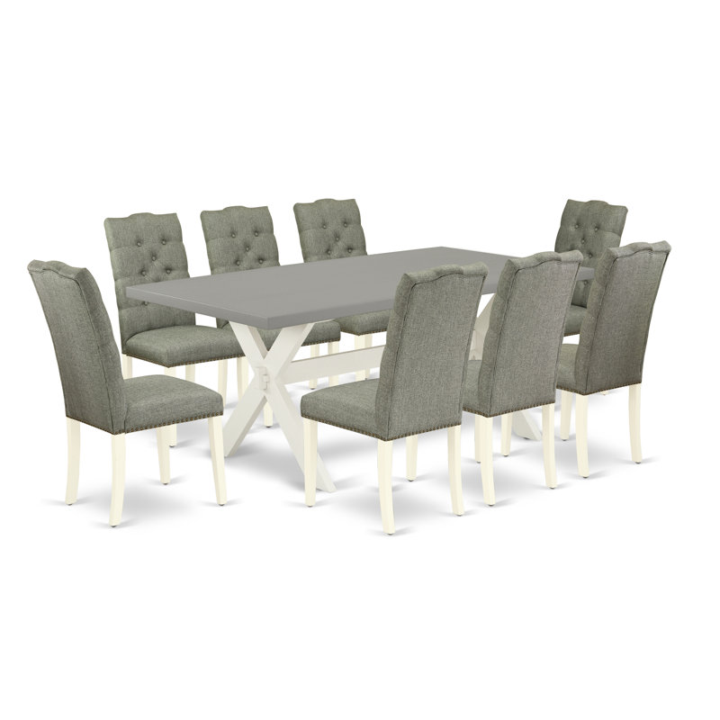 Cet ensemble de salle à manger 9 pièces comprend une table de salle à manger rectangulaire avec pieds en X et 8 chaises Parson rembourrées en lin gris, blanc lin