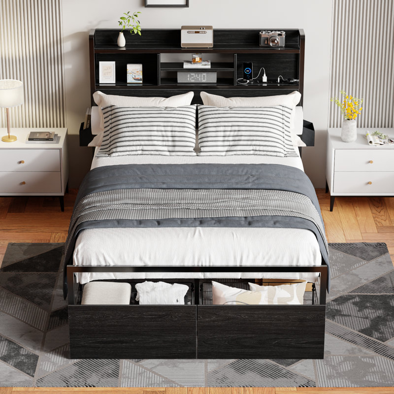 Full Bed Frame with 2 Storage Drawers, Modern Platform Bed with Charging Station & LED Light, No Spring Box Needed, Full