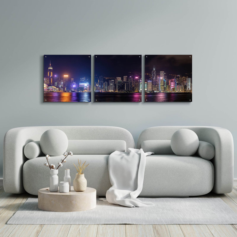 «Good Night Hong Kong» par Epic Portfolio, ensemble d'art mural en verre acrylique, 3 pièces, H 24 po x l 72 po