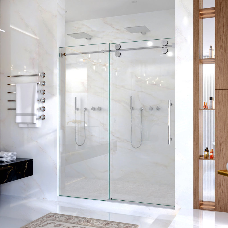Porte de douche coulissante simple sans cadre de 44 à 48 po x H 76 po - Verre trempé transparent de 5/16 po (8 mm), conception à dérivation