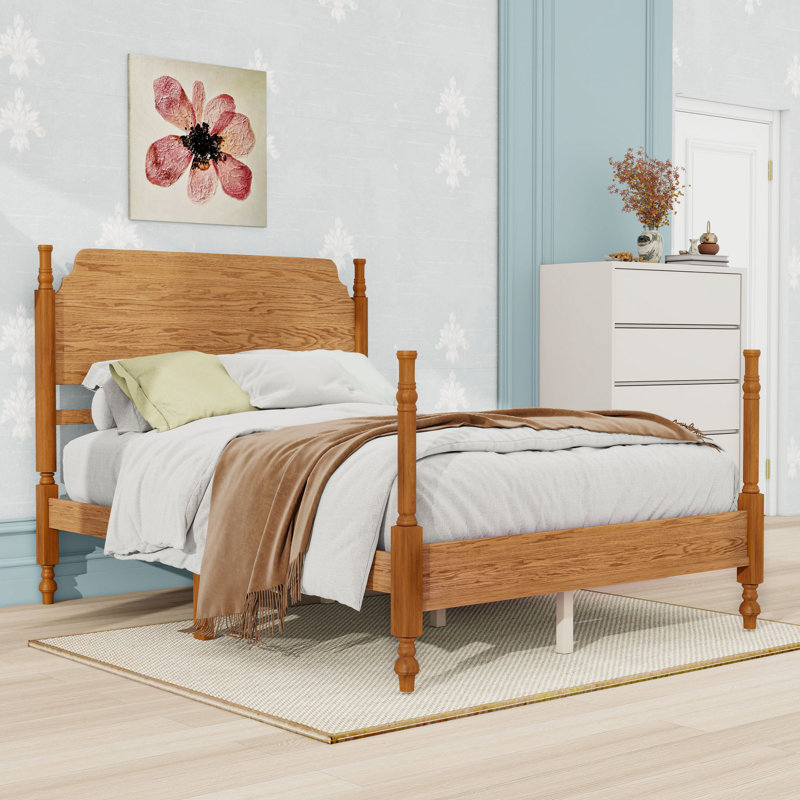 Lit plateforme en bois avec tête de lit et pieds centraux, Full, Noyer clair
