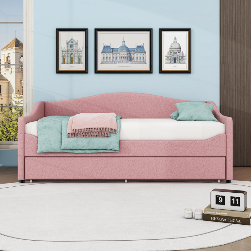 Upholstered Daybed with Trundle and LED Lights, Twin, Pink