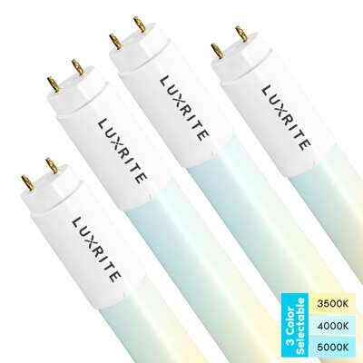 8 Watt (17 Watt Equivalent), T8 LED Tube Light, Color Selectable CCT, Type A+B, G13/Bi-pin Base -  Luxrite, LR34231-4PK