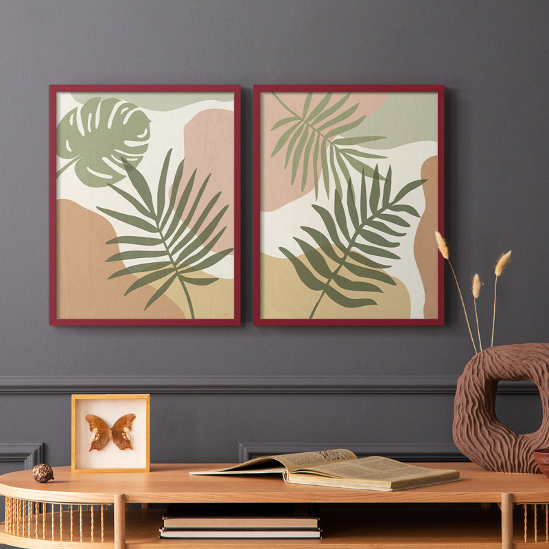 Impression encadrée Mid-Century Palm I-Premium - prête à être accrochée - aucun clou requis - aucun clou requis, Rouge