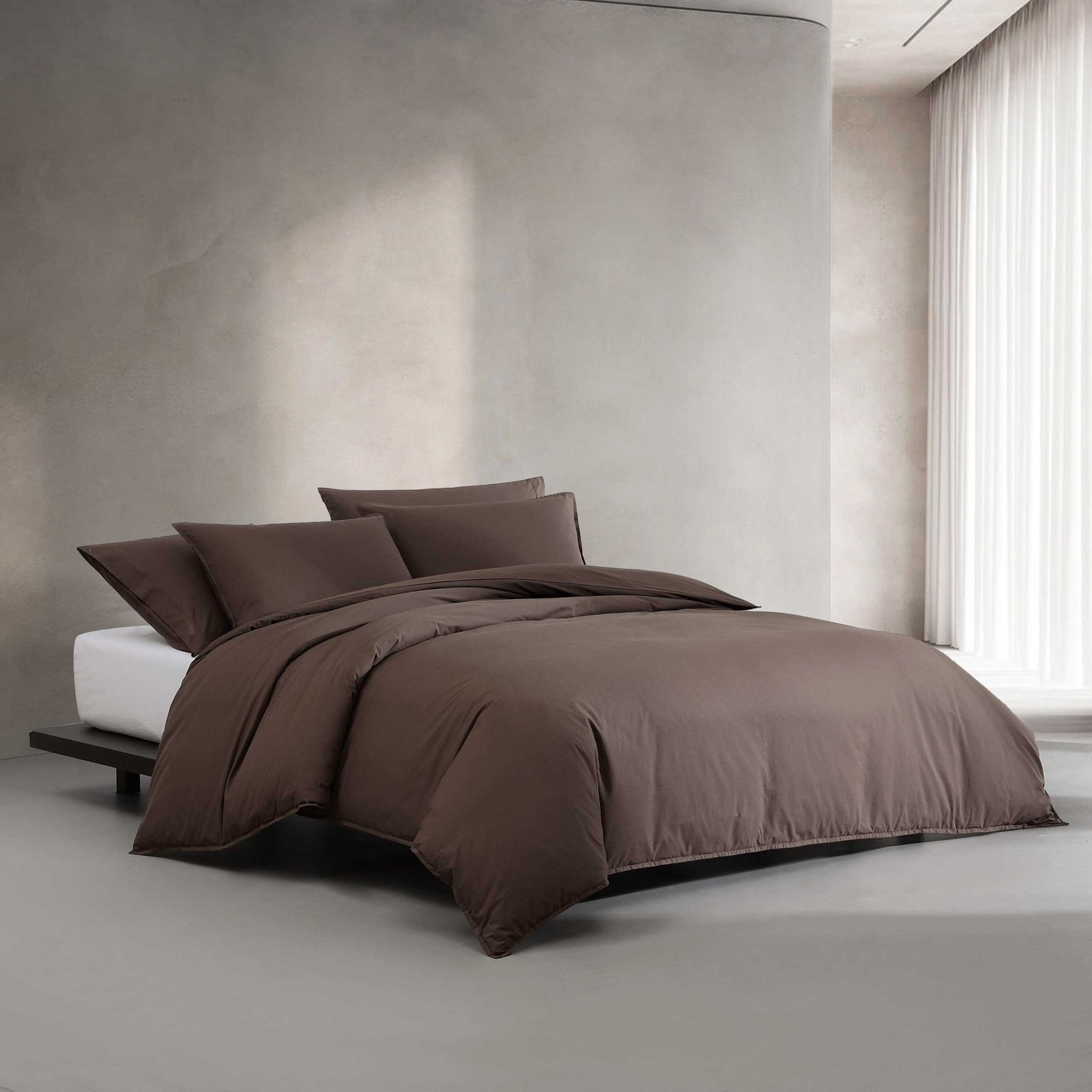 Washed Percale Cotton Duvet Cover Set, Queen Duvet Cover + 2 Standard Shams, Earth Brown