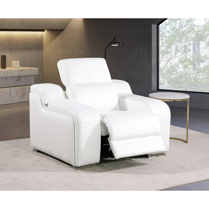 Divanitalia Top Grain Italian Leather Power Reclining Chair With Power Headrests, White