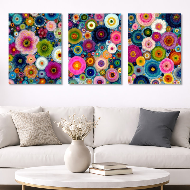 «Vibrant Flower Wall Horizon I», ensemble d'art mural encadré abstrait rose sur 3, H 32 po x l 72 po, Toile tendue
