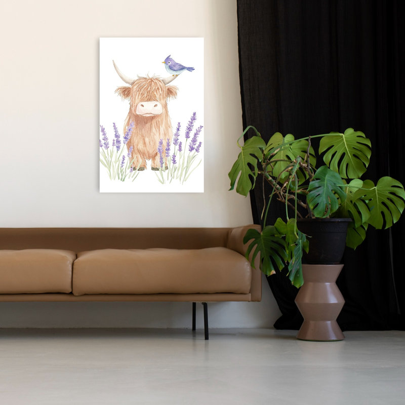 Highland Cow And Bird Peaceful Rustic Serene Bird Cow Lavender Nature Flower Wall Art Print by Mathieu - Wrapped Canvas Print