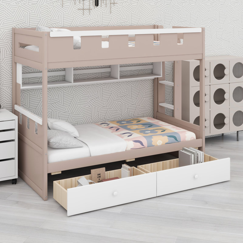 Lit superposé de conception de château pour enfants avec tiroirs intégrés, tablettes ouvertes et bandes lumineuses décoratives à DEL