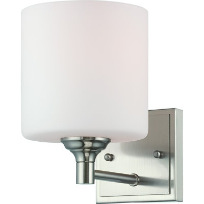  1-Light Indoor Brushed Nickel Wall Sconce with White Cylinder Glass Shade