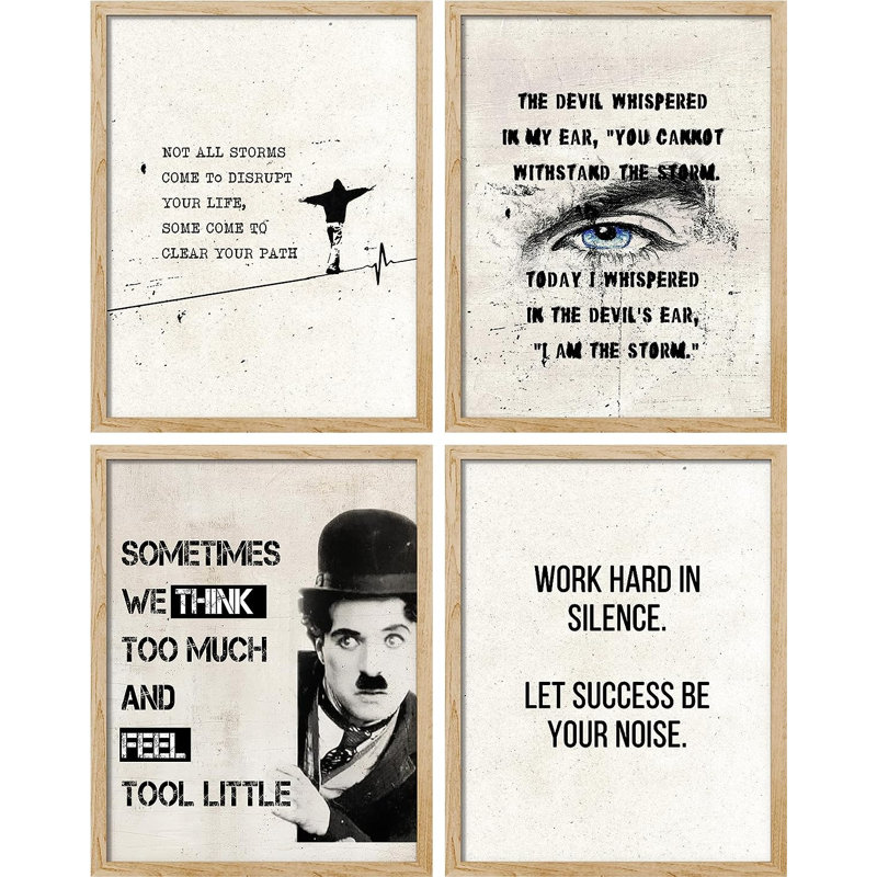 Charlie Chaplin noir et blanc 4 pièces, H 16 po x l 12 po x P 1 po, Encadré naturel