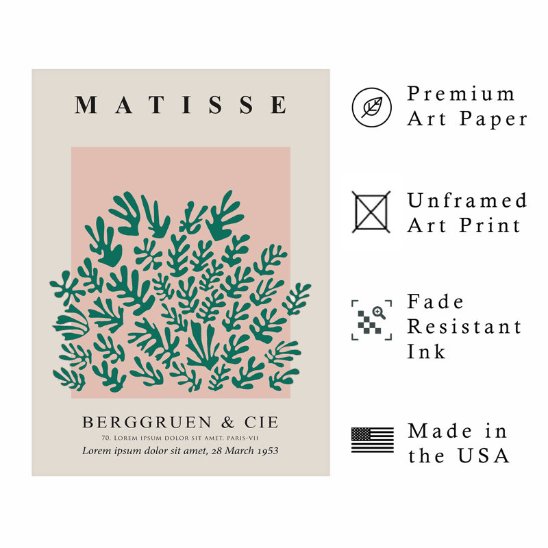 Abstrait matisse découpé en vert et rose, reproduction d'art moderne sans cadre Mid-Century, H 30 po x l 20 po