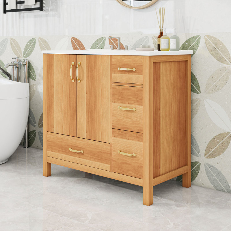 Meuble-lavabo autoportant élégant avec lavabo en céramique, tablette réglable et tiroirs à fermeture en douceur