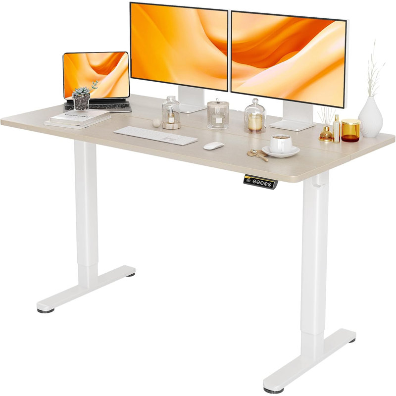 Bureau debout électrique à hauteur ajustable avec crochets, H 46,5 po x l 55 po x P 24 po, Nature / blanc